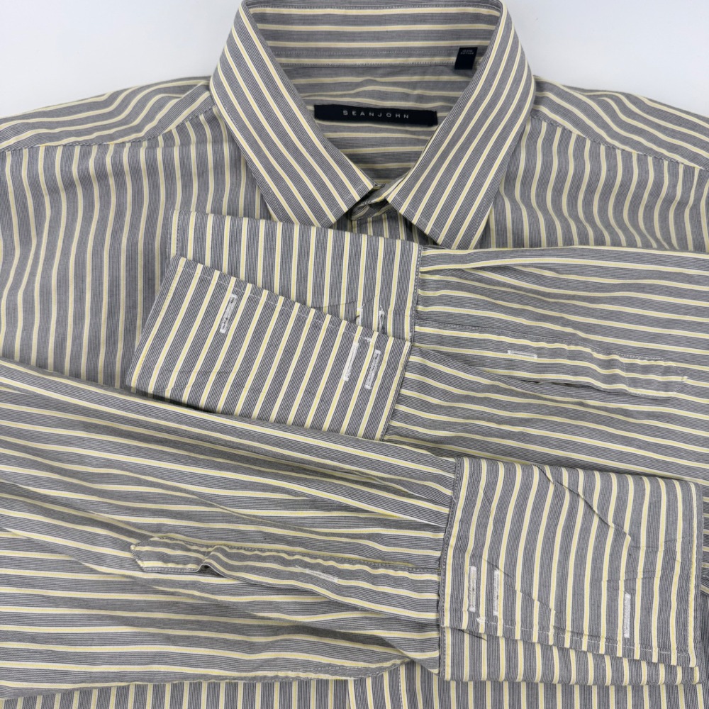 Sean John Mens Striped Long Sleeve Button Down Dress Shirt Grey Yellow 17 34/35